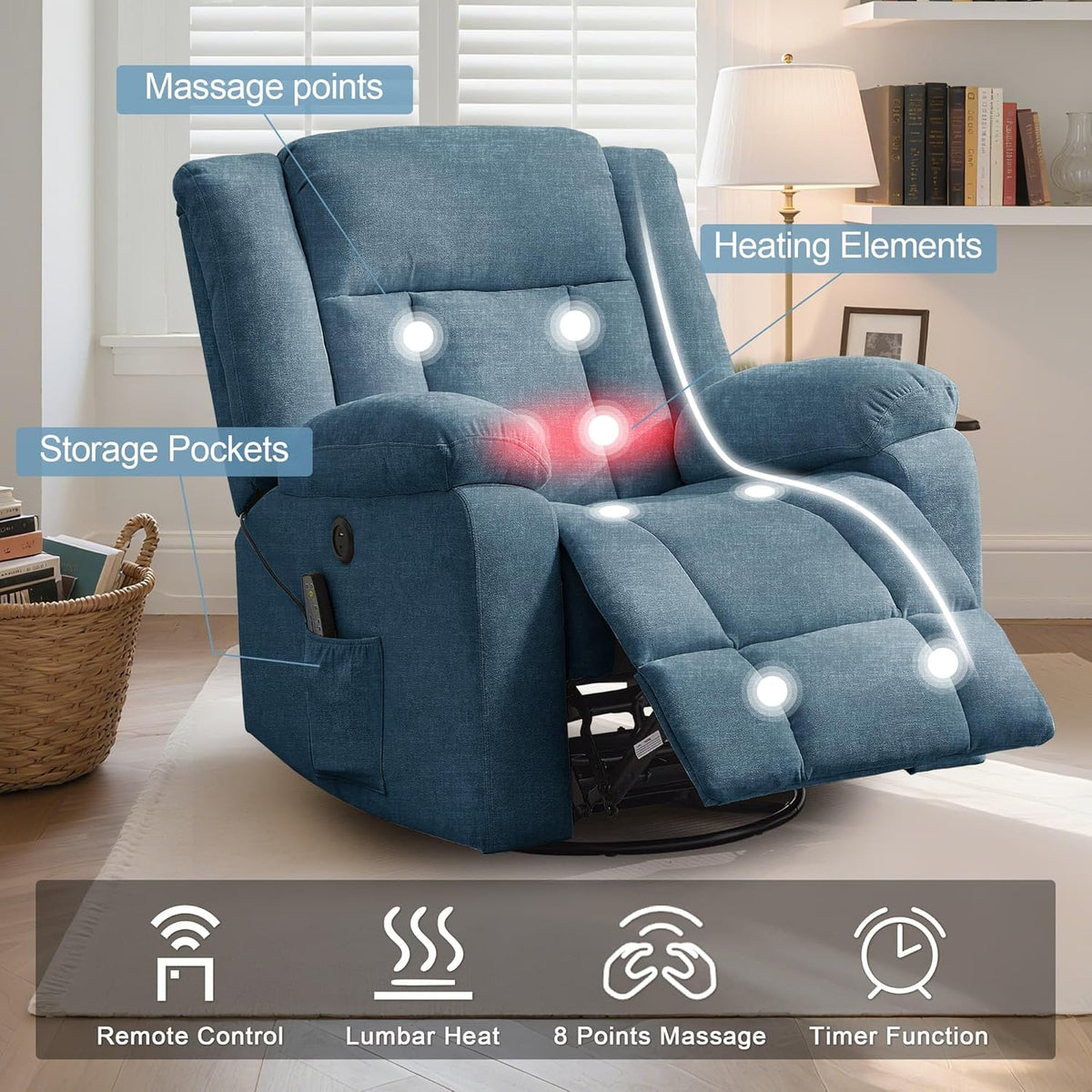 Rocker Recliner, Glider Recliner Chairs for Adults, 360° Swivel Rocking Chair with Massage and Heating, Nursery Chair with Storage and USB Charging for Living Room, Bedroom, Nursery - image 15