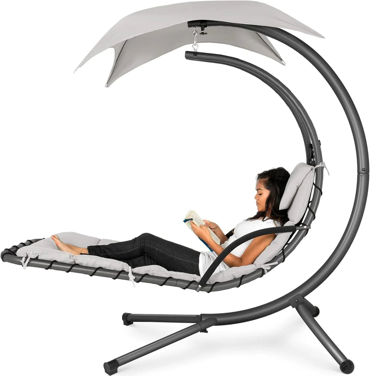 Best Choice Products Outdoor Hanging Curved Steel Chaise Lounge Chair Swing w/Built-in Pillow and Removable Canopy - Charcoal