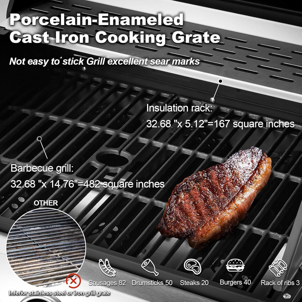 Upgraded 4 Burner BBQ Propane Gas Grill with Cast Iron Grates & Side Stove, 44,000 BTU Stainless Steel Burner Barbecue Grill 