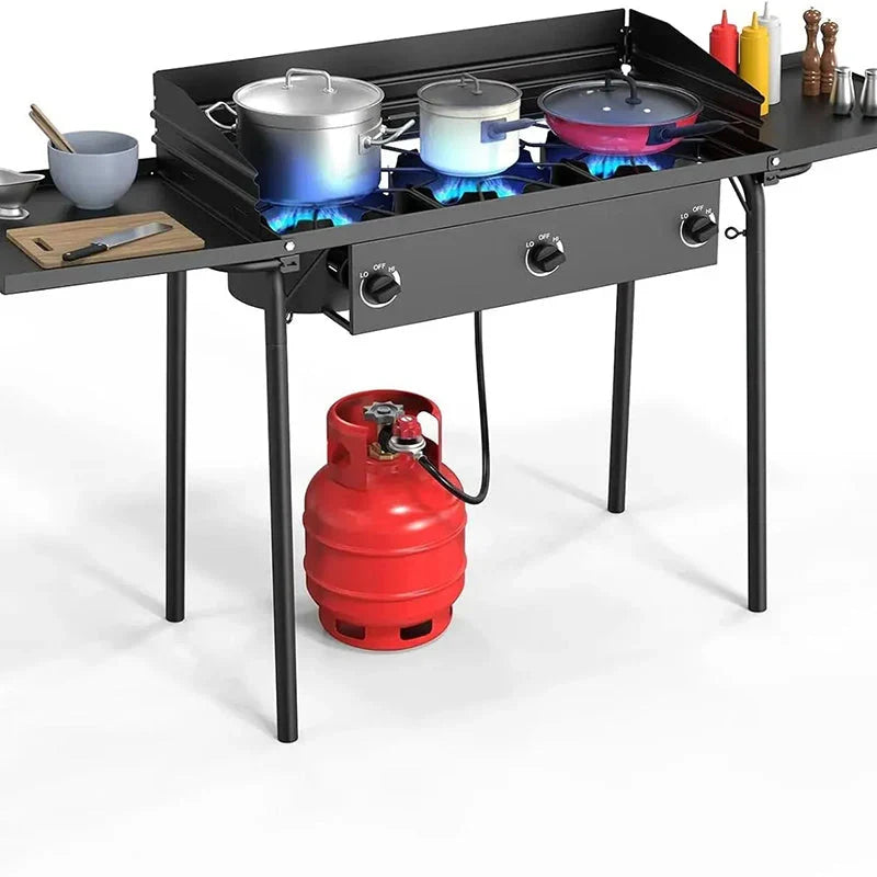 3 Burner Gas Stove with 2 Side Shelves with Removable Leg Wind Panel Regulator