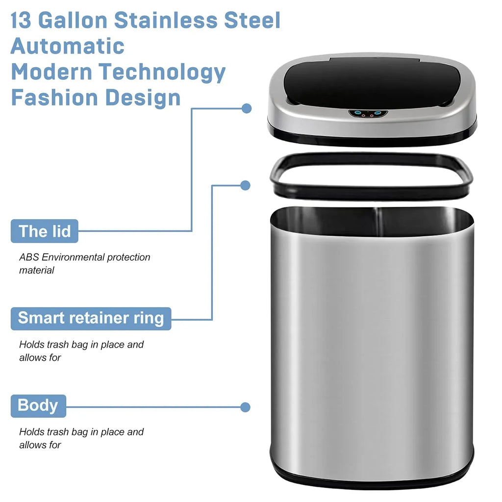 Bigacc 13 Gallon 50 Liter Kitchen Trash Can with Touch-Free & Motion Sensor, Automatic Stainless-Steel Garbage Can, Anti-Fing