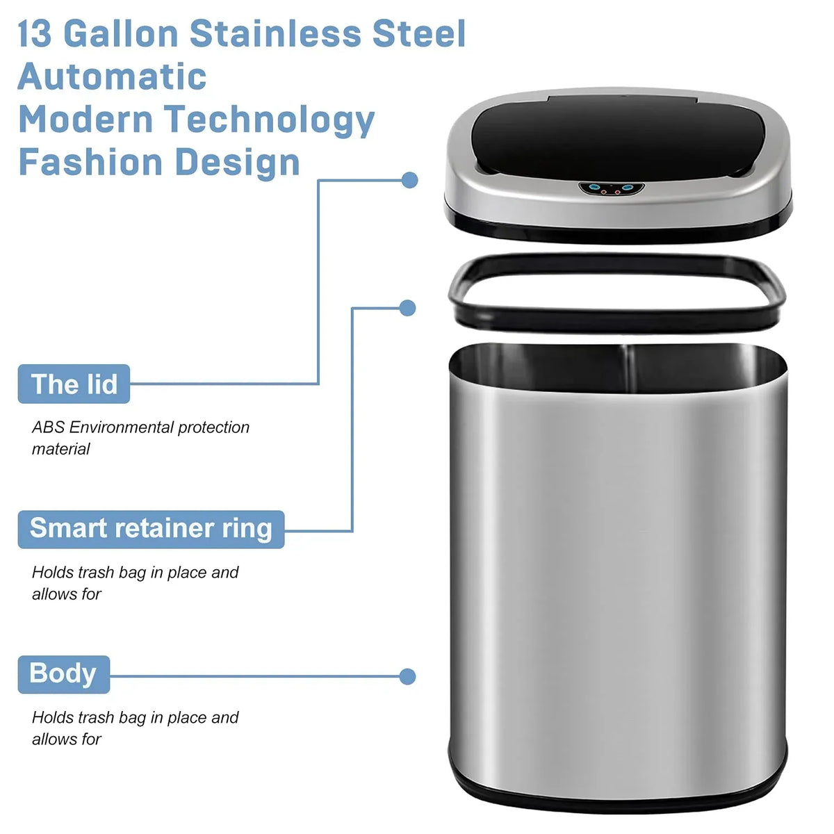Bigacc 13 Gallon 50 Liter Kitchen Trash Can with Touch-Free & Motion Sensor, Automatic Stainless-Steel Garbage Can, Anti-Fing