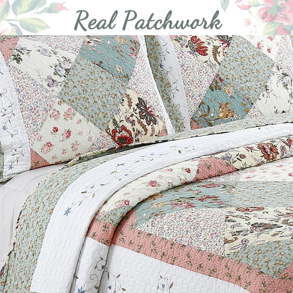 Cozy Line Home Floral Patchwork Cotton Reversible Queen Quilt Set, Blue, 3-Piece - image 6