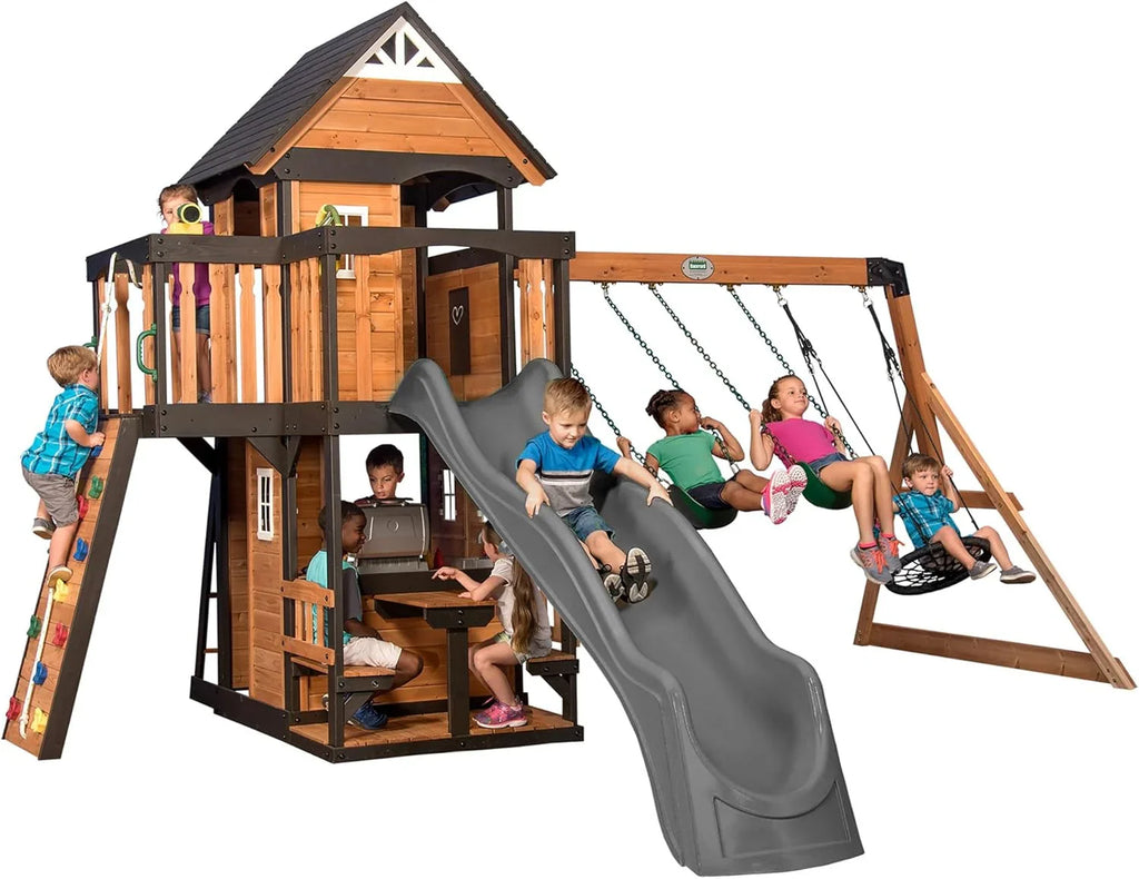 Backyard Discovery Canyon Creek Cedar Wood Swing Set with Wave Slide, Clubhouse, Play Kitchen, Picnic Area, Belt Swings, Web 