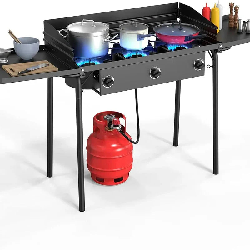 3 Burner Gas Stove with 2 Side Shelves with Removable Leg Wind Panel Regulator - image 1