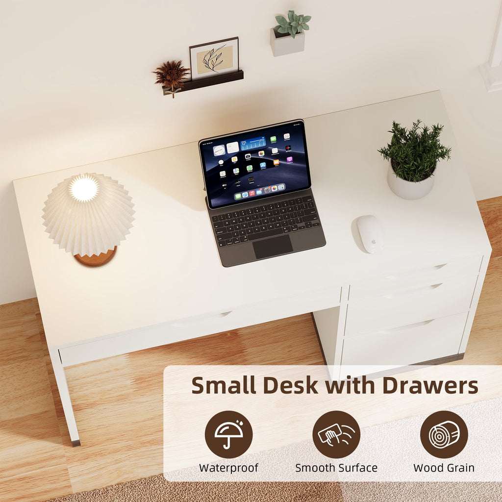 DreamCurship White Desk with Drawers, Modern Computer Desk with File Drawers, Home Office Study Writing Desk with Storage, White