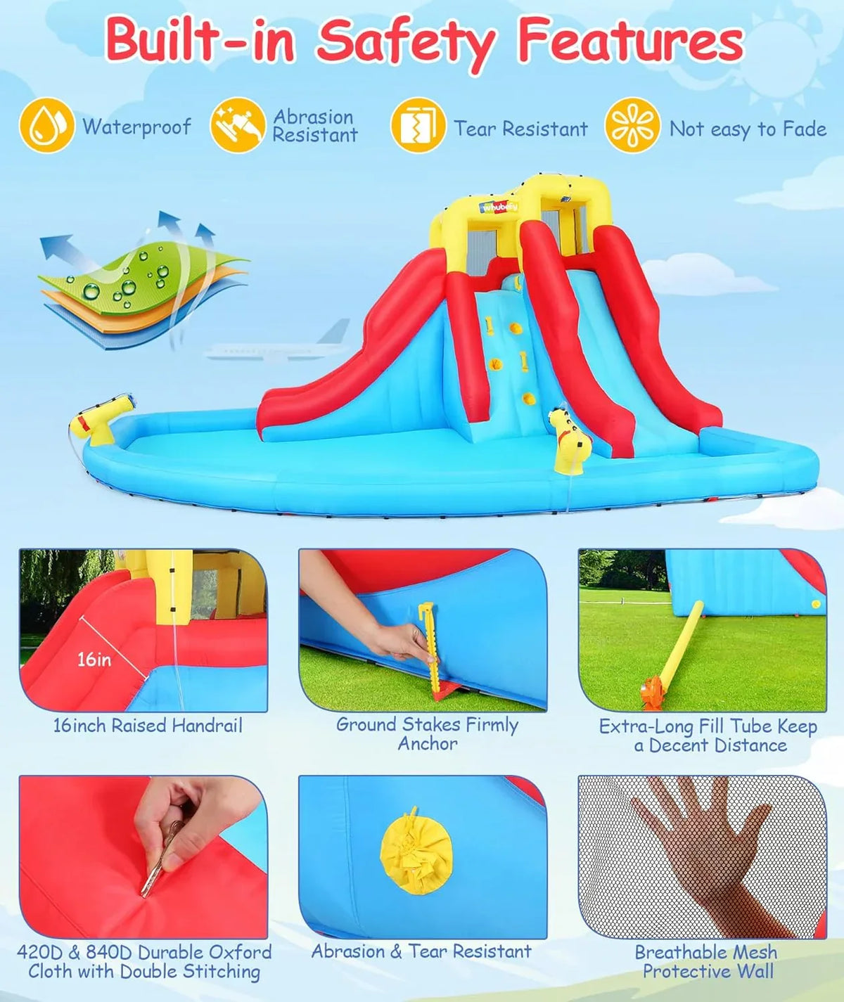 Inflatable Water Slides for Kids 8-in-1 Bounce House Water Park with 450W Blower Climbing Wall, Splash Pool, 2 Water Cannons,