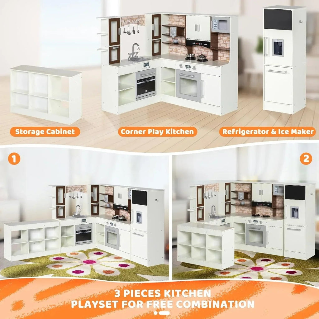 BRINJOY 3-Piece Wooden Kids Play Kitchen Set With Light and Sound - White and Coffee