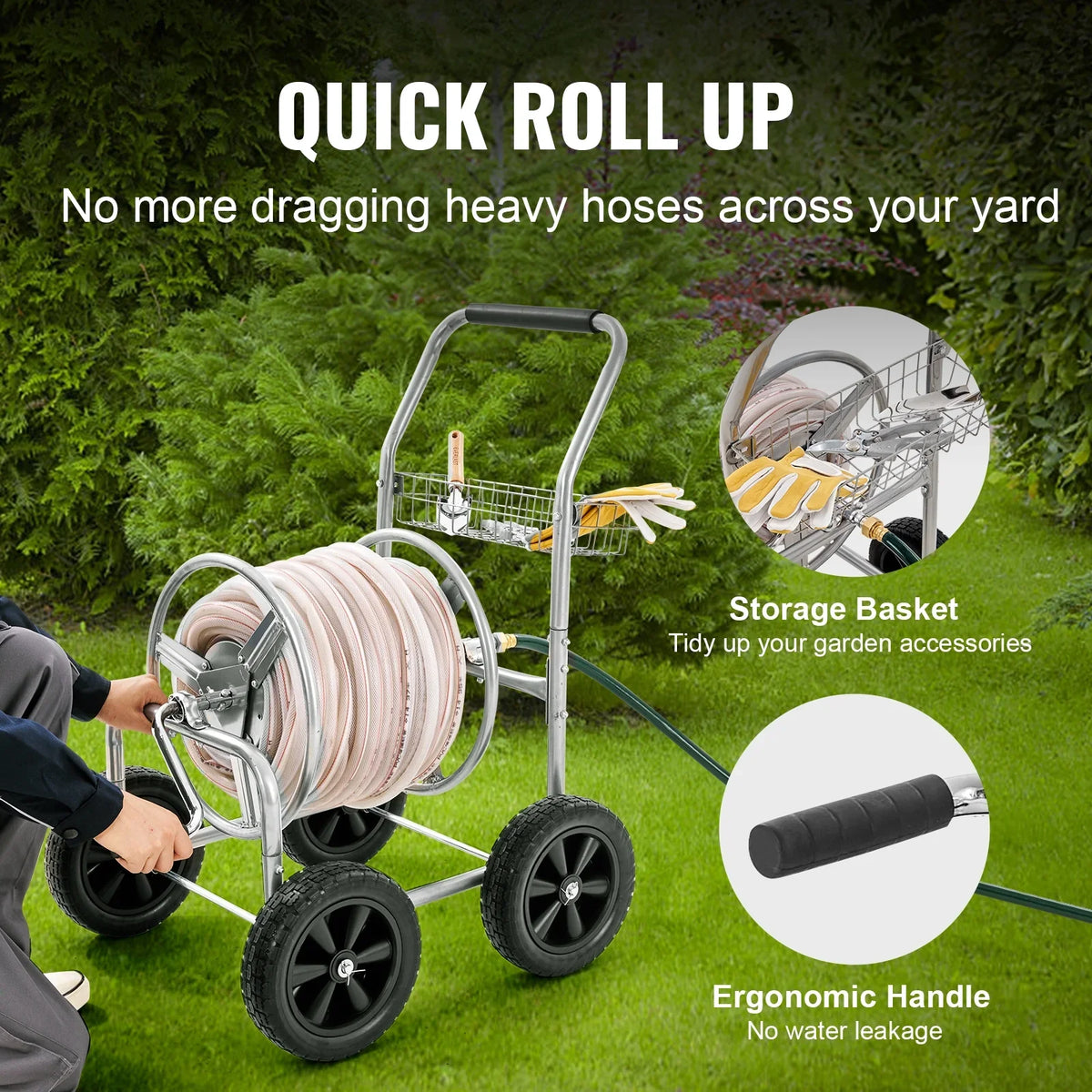 VEVOR Hose Reel Cart, Hold Up to 250 ft of 5/8---- Hose, Garden Water Hose Carts Mobile Tools with 4 Wheels, Heavy Duty Powde