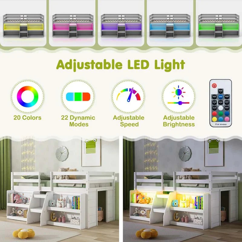Kids Twin Size Loft Bed with LED Lights, Stairs & Safety Guardrail, Storage Bookcase and Under-bed Play Space - image 14