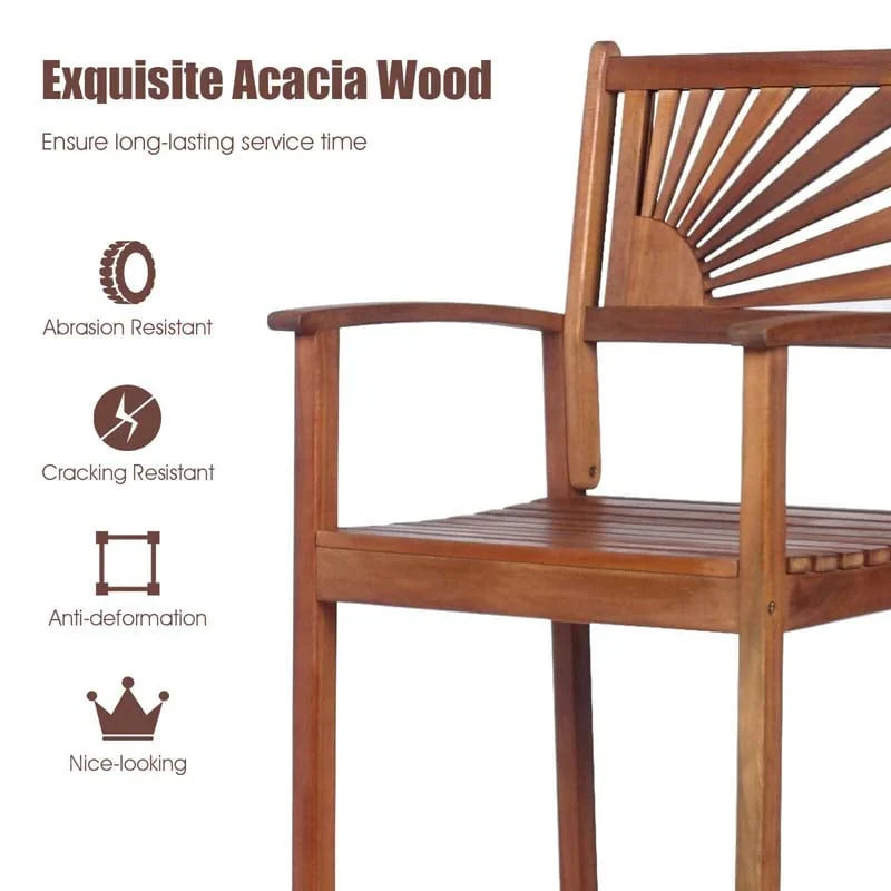 2 Pack Acacia Wood Bar Stools Outdoor Patio Bar Chairs With Sunflower Backrest Amp Curved Armrests - Comfortable And Ergonomi