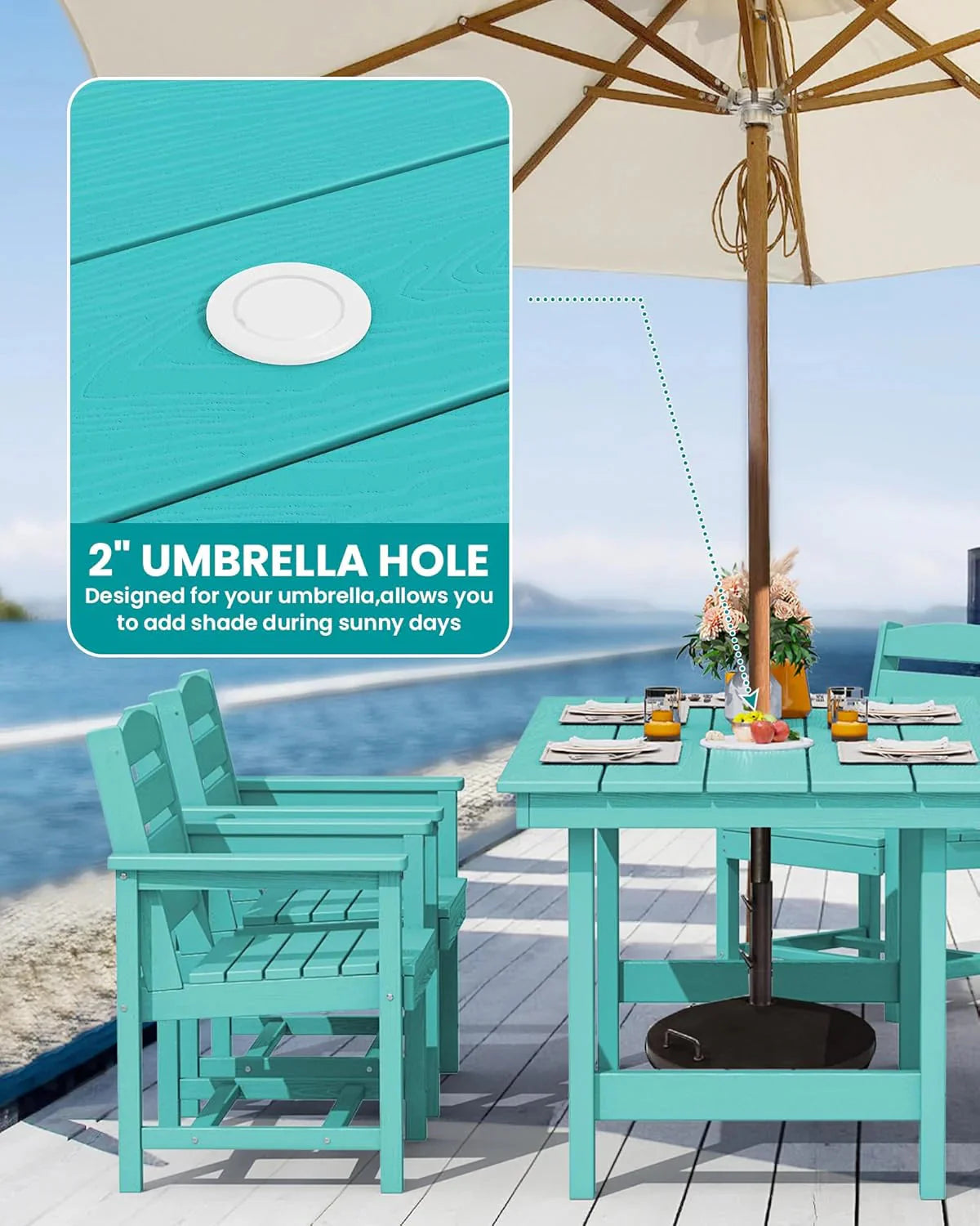 SERWALL 7-Piece Patio Table Set, Outdoor HDPE Dining Furniture with Umbrella Hole, All Weather Table and Chairs for Lawn, Garden, Poolside, Aruba - image 38