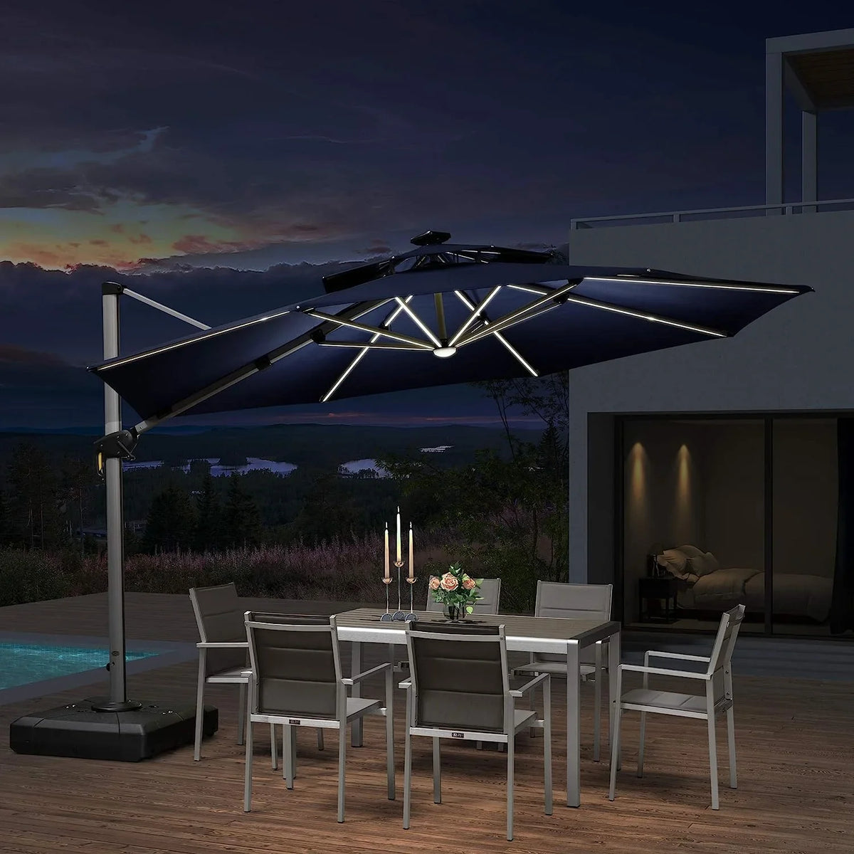 12ft Solar LED Patio Umbrella Outdoor Round Umbrella Large Cantilever Umbrella with LED Lights Windproof Bias Umbrella Heavy 