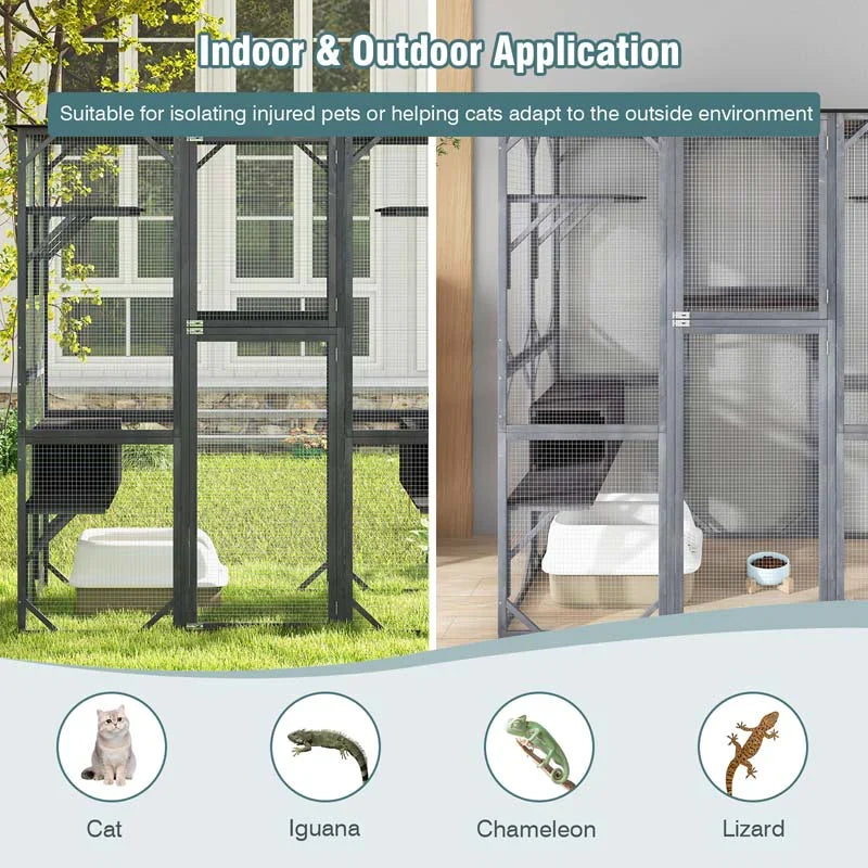71" Tall Large Cat House Outdoor Catio Kitty Enclosure, Walk-in Cat Kennel Condo, Wooden Cat Cage Playpen with 7 Platforms - image 8