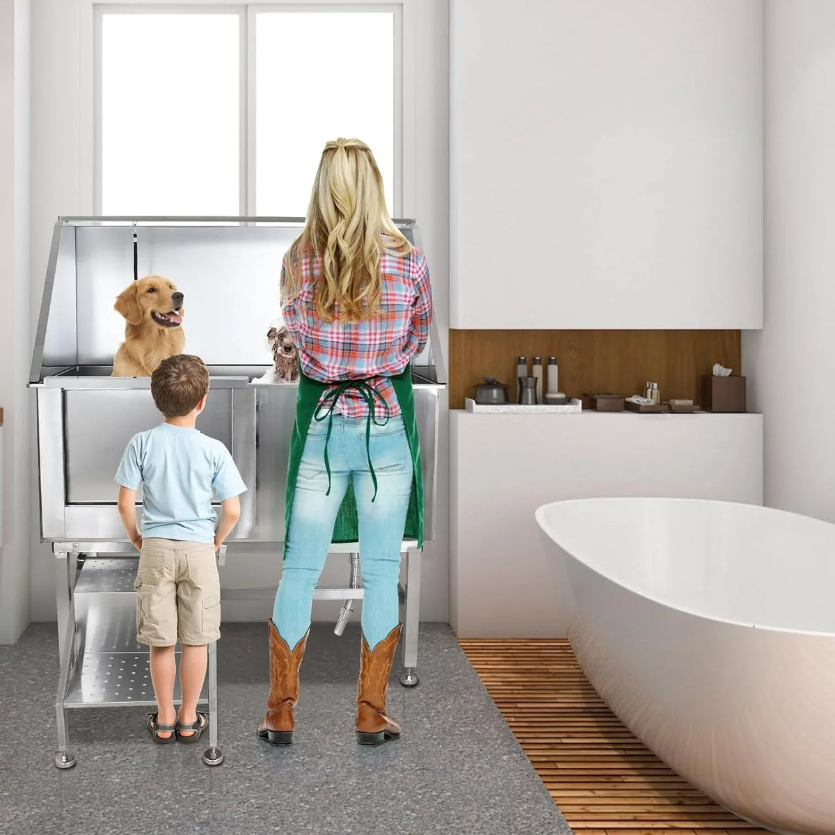 50" Dog Wash Bathtub, Pet Wash Station, Professional Stainless Steel Dog Grooming Tub with Ramp, Faucet, Sprayer, Drain Kit, 