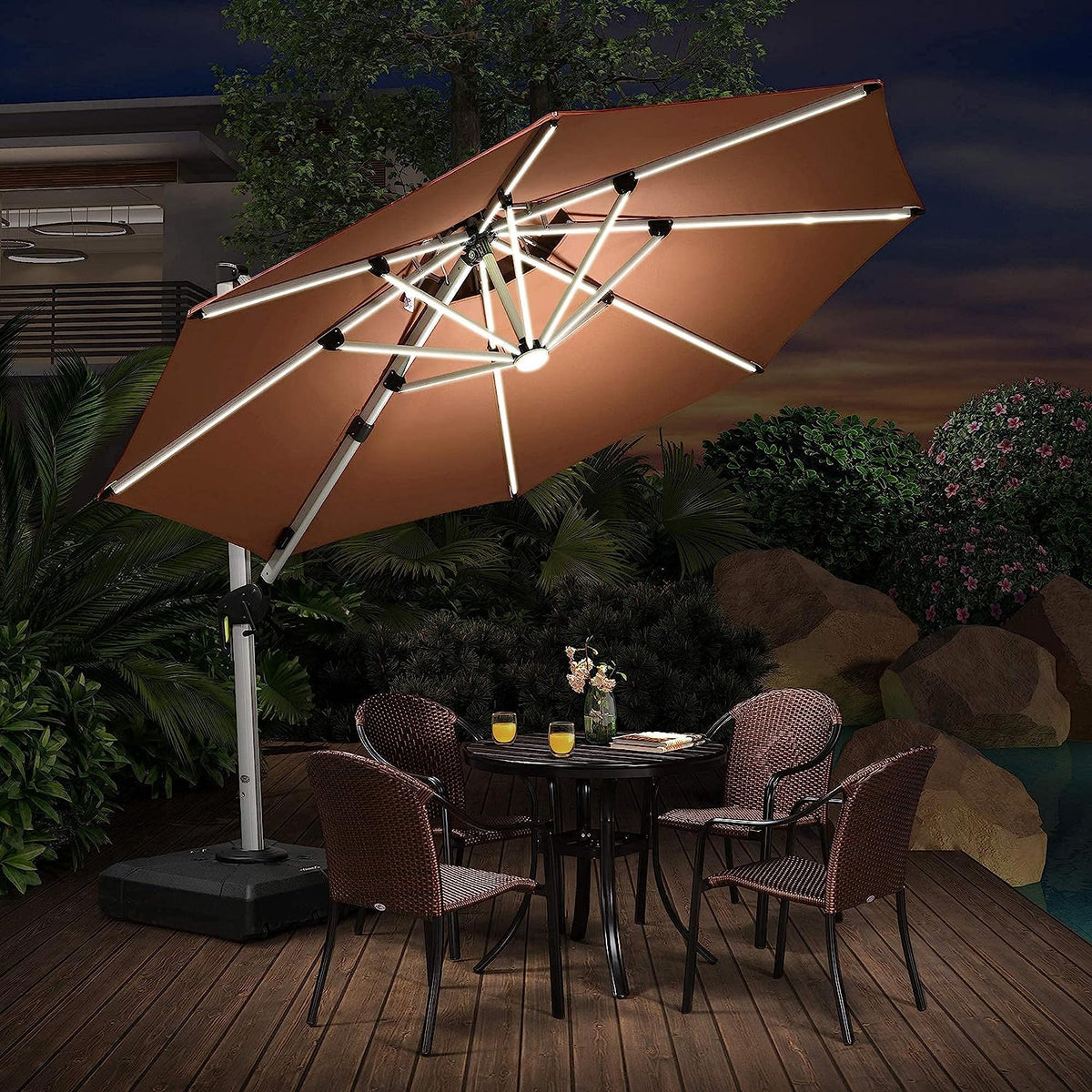 12ft Solar LED Patio Umbrella Outdoor Round Umbrella Large Cantilever Umbrella with LED Lights Windproof Bias Umbrella Heavy 