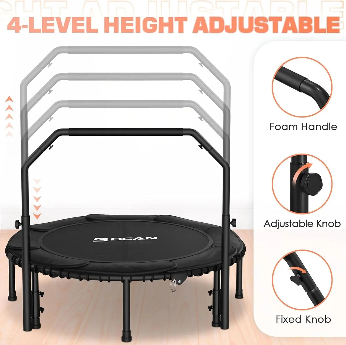 BCAN 450/550 LBS Foldable Mini Trampoline, 40"/48" Fitness Trampoline with Bungees, U Shape Adjustable Foam Handle, Stable & Quiet Exercise Rebounder for Adults Indoor/Outdoor Workout - image 42