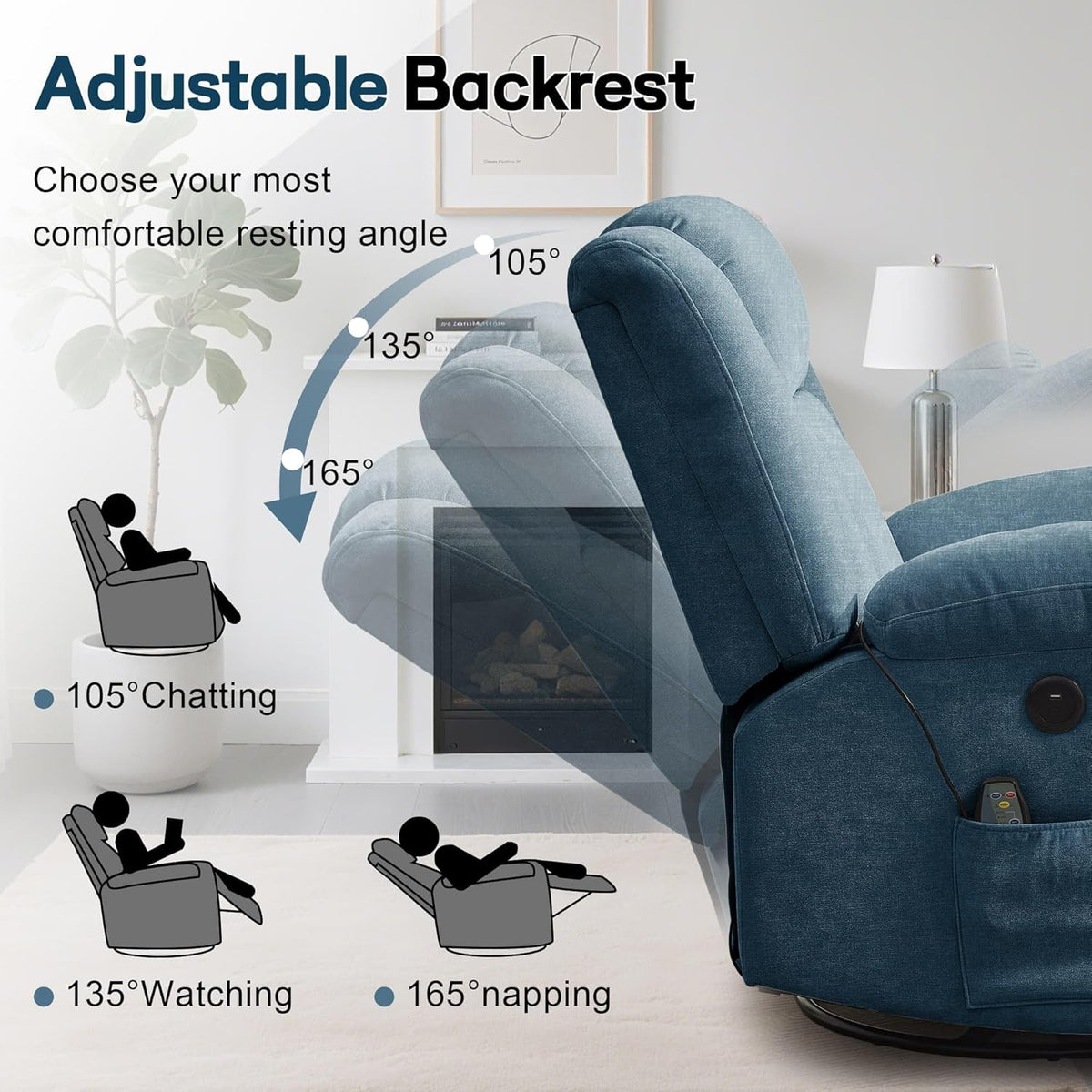 Rocker Recliner, Glider Recliner Chairs for Adults, 360° Swivel Rocking Chair with Massage and Heating, Nursery Chair with Storage and USB Charging for Living Room, Bedroom, Nursery - image 14