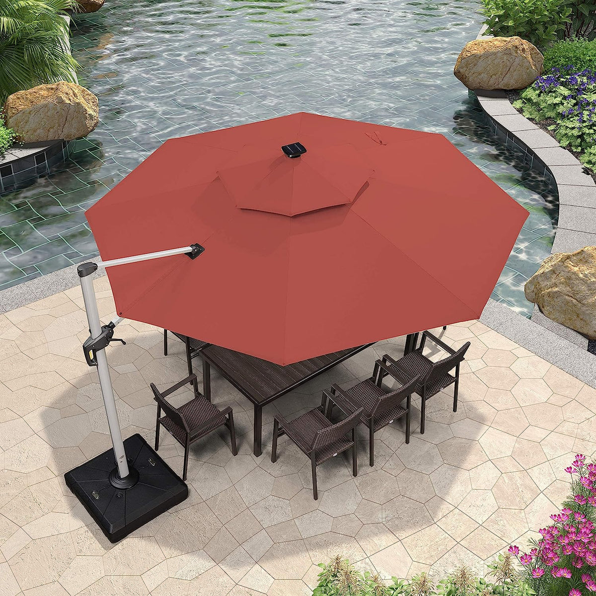 12ft Solar LED Patio Umbrella Outdoor Round Umbrella Large Cantilever Umbrella with LED Lights Windproof Bias Umbrella Heavy 