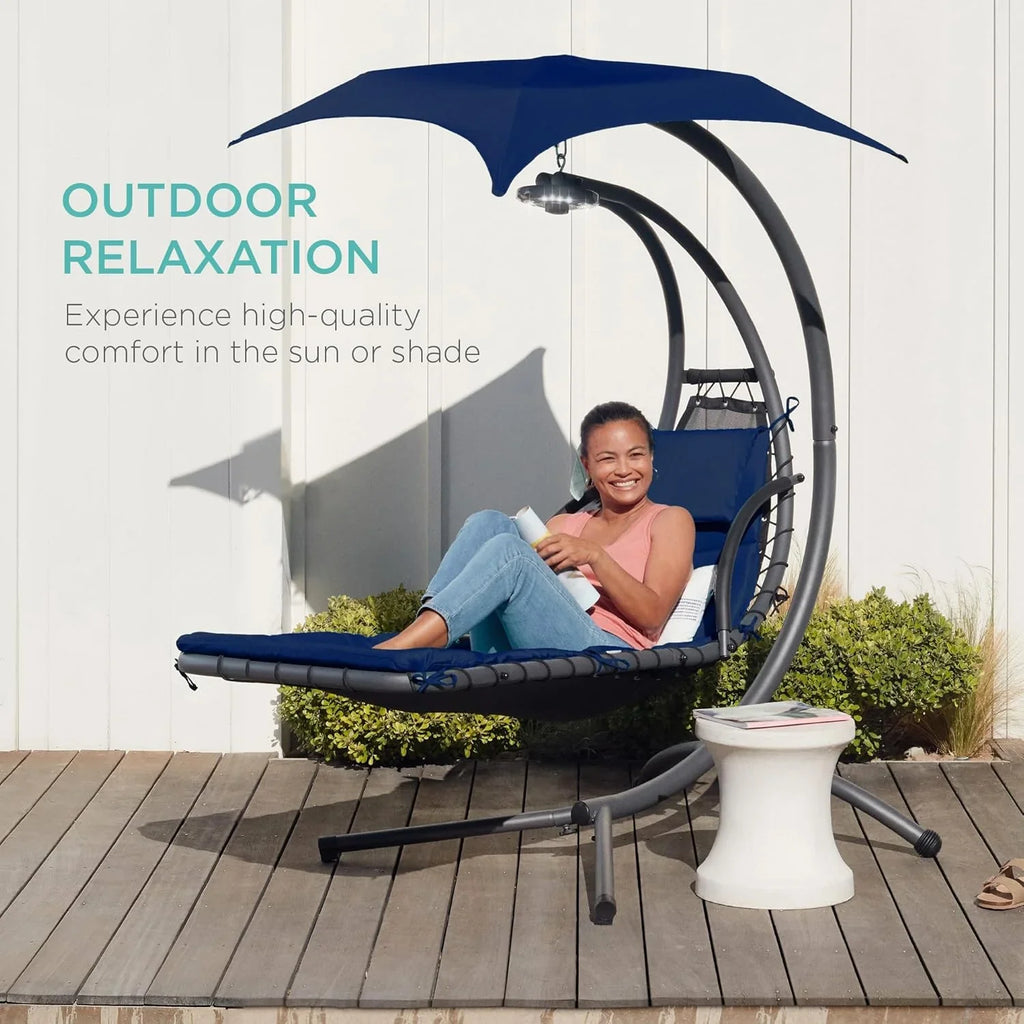 Best Choice Products Outdoor Hanging Curved Steel Chaise Lounge Chair Swing w/Built-in Pillow and Removable Canopy - Charcoal