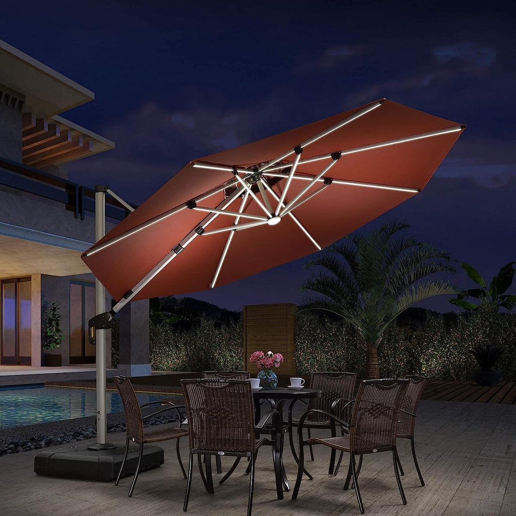 12ft Solar LED Patio Umbrella Outdoor Round Umbrella Large Cantilever Umbrella with LED Lights Windproof Bias Umbrella Heavy 