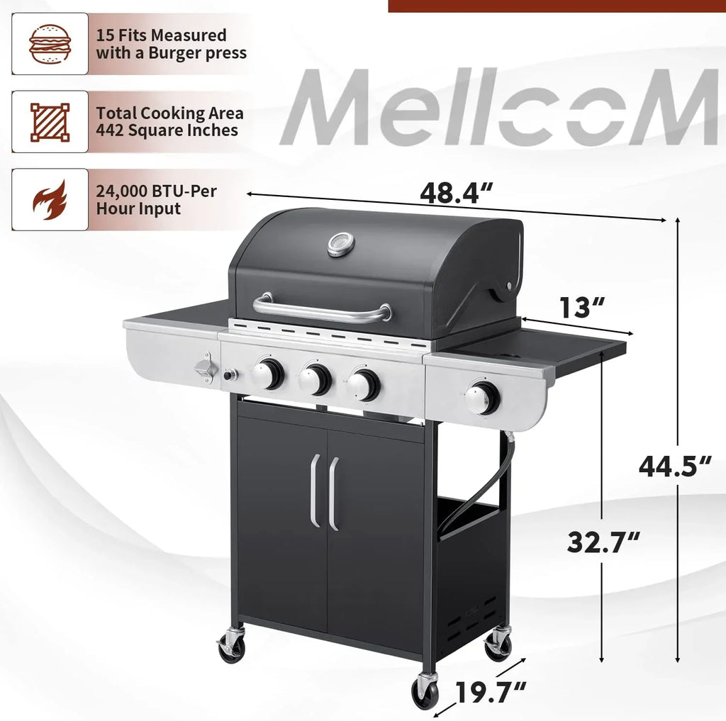 Upgraded 4 Burner BBQ Propane Gas Grill with Cast Iron Grates & Side Stove, 44,000 BTU Stainless Steel Burner Barbecue Grill 
