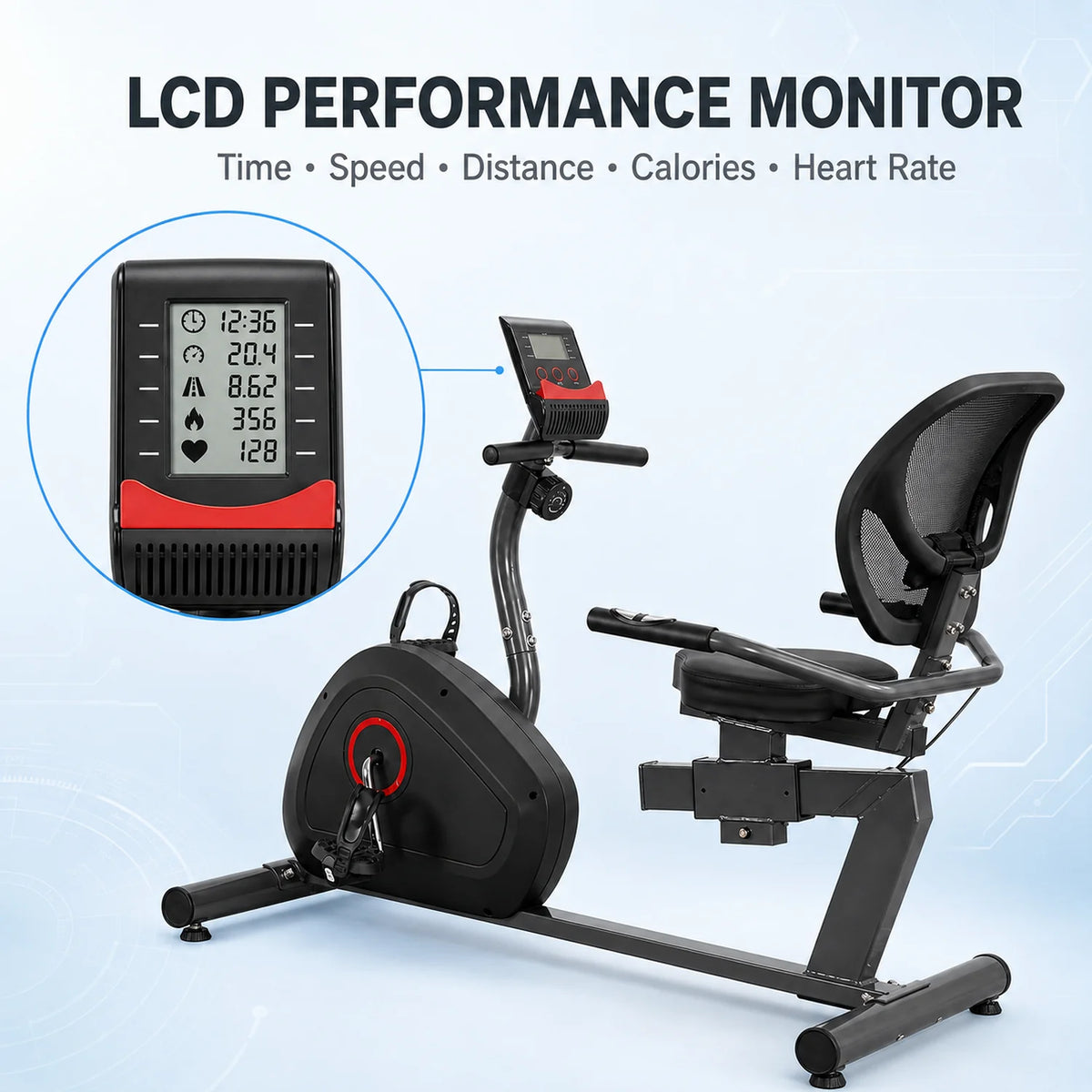 Recumbent Exercise Bike with 8-Level Magnetic Resistance, LCD Monitor, Adjustable Seat and Mesh Backrest, Black - image 4