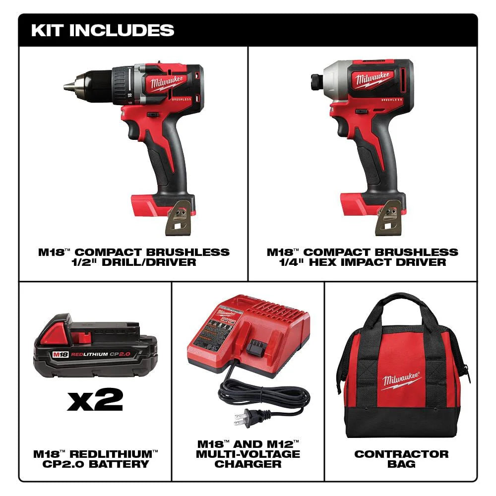 M18 18V Lithium-Ion Brushless Cordless Compact Drill/Impact Combo Kit (2-Tool) W/ (2) 2.0Ah Batteries, Charger & Bag 2892-22CT - image 2