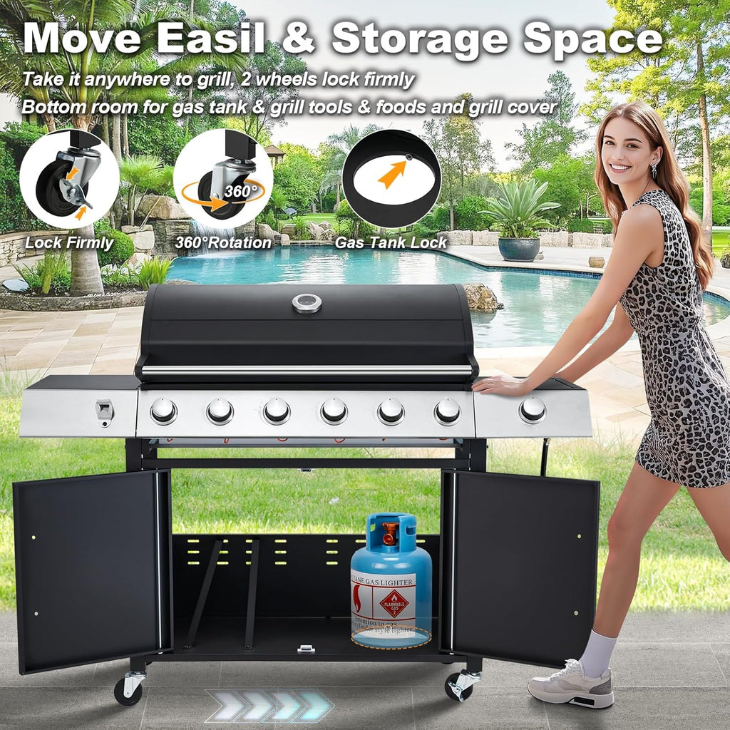 Upgraded 4 Burner BBQ Propane Gas Grill with Cast Iron Grates & Side Stove, 44,000 BTU Stainless Steel Burner Barbecue Grill 