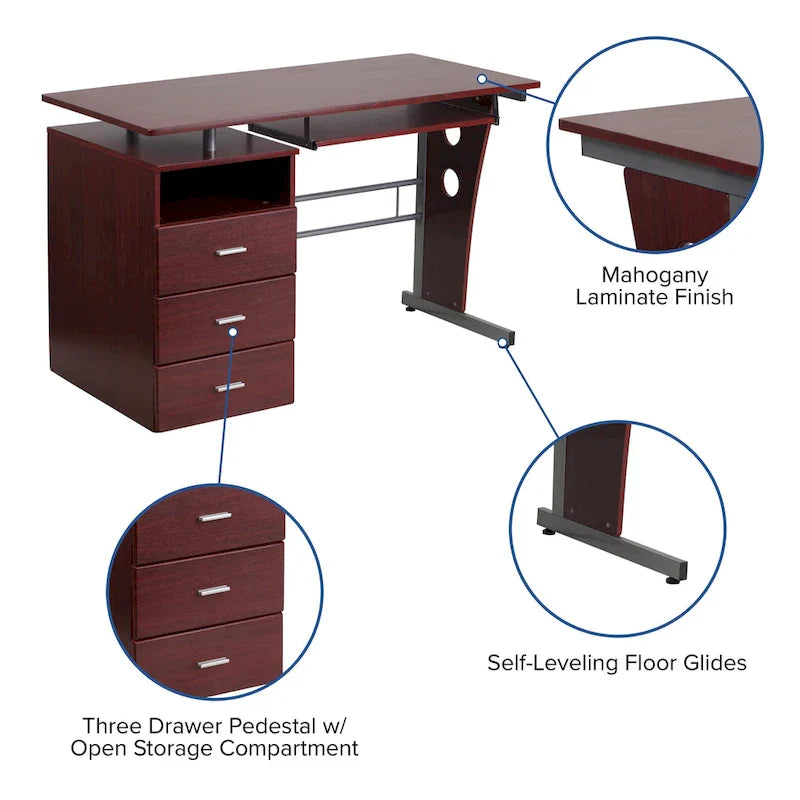 3-Drawer Pedestal Computer Desk with Keyboard Tray - image 5