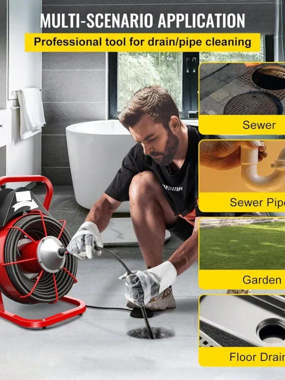 Electric Drain Cleaner Machine by Brand, 75 Ft x 3/8 Inch, Fits 1-4 Inch Pipes, Portable with 4 Cutters, Powerful Plumbing To