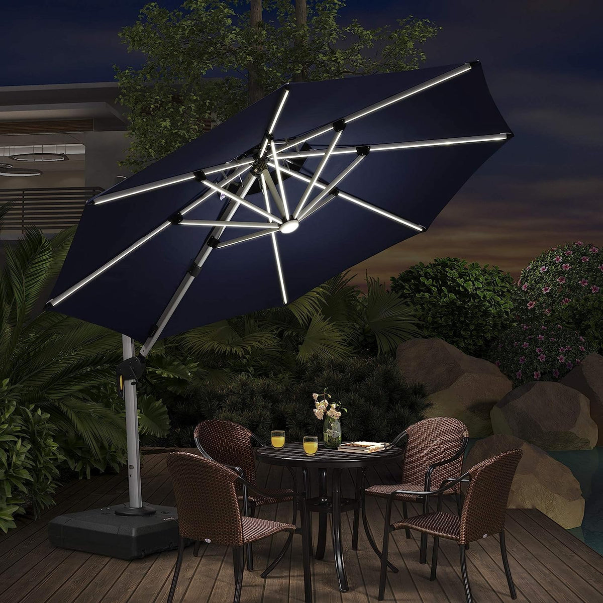 12ft Solar LED Patio Umbrella Outdoor Round Umbrella Large Cantilever Umbrella with LED Lights Windproof Bias Umbrella Heavy 