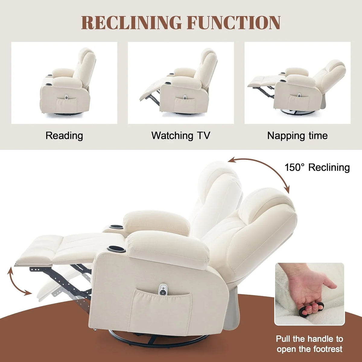 Oversized Swivel Rocker Recliner Chair with Heat and Massage, 360 Degree Swivel Rocking Single Sofa with Cup Holders and USB Port, Large Big Recliner Chair for Living Room (Leather, Brown) - image 17