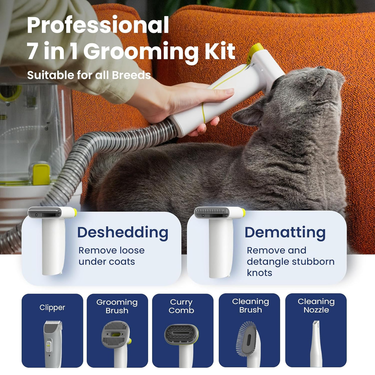 Professional Pet Grooming Vacuum Kit, Dogs & Cats, Direct Handheld Control, 7 Grooming Tools, 6 Suction Levels, Large 2.2L Du