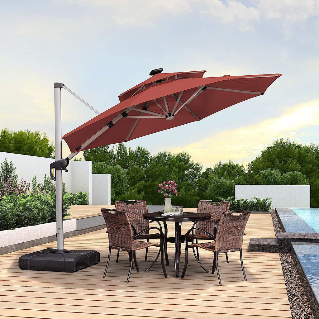 12ft Solar LED Patio Umbrella Outdoor Round Umbrella Large Cantilever Umbrella with LED Lights Windproof Bias Umbrella Heavy 