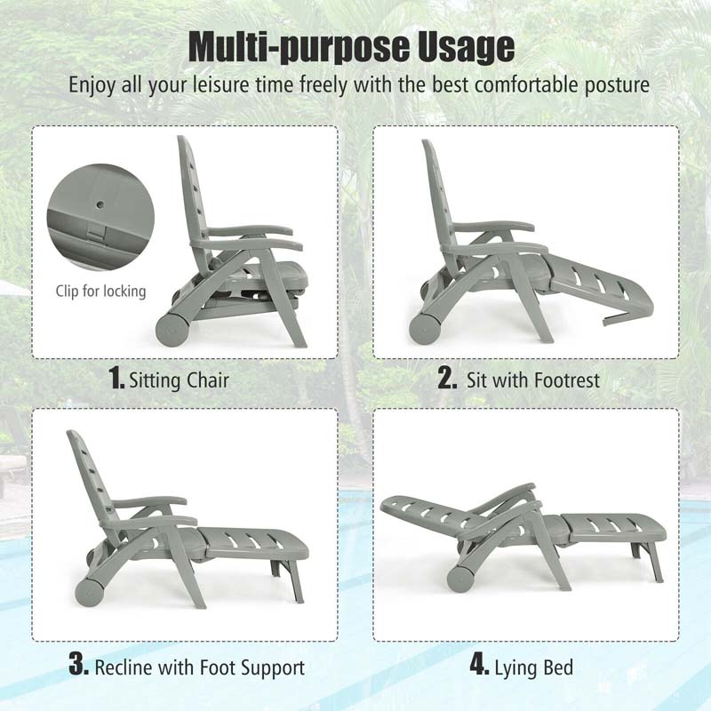 Rolling Folding Plastic Pool Lounge Chair With Armrests 5 Position Outdoor Sun Lounger Patio Deck Chair Beach Chair - Comfort