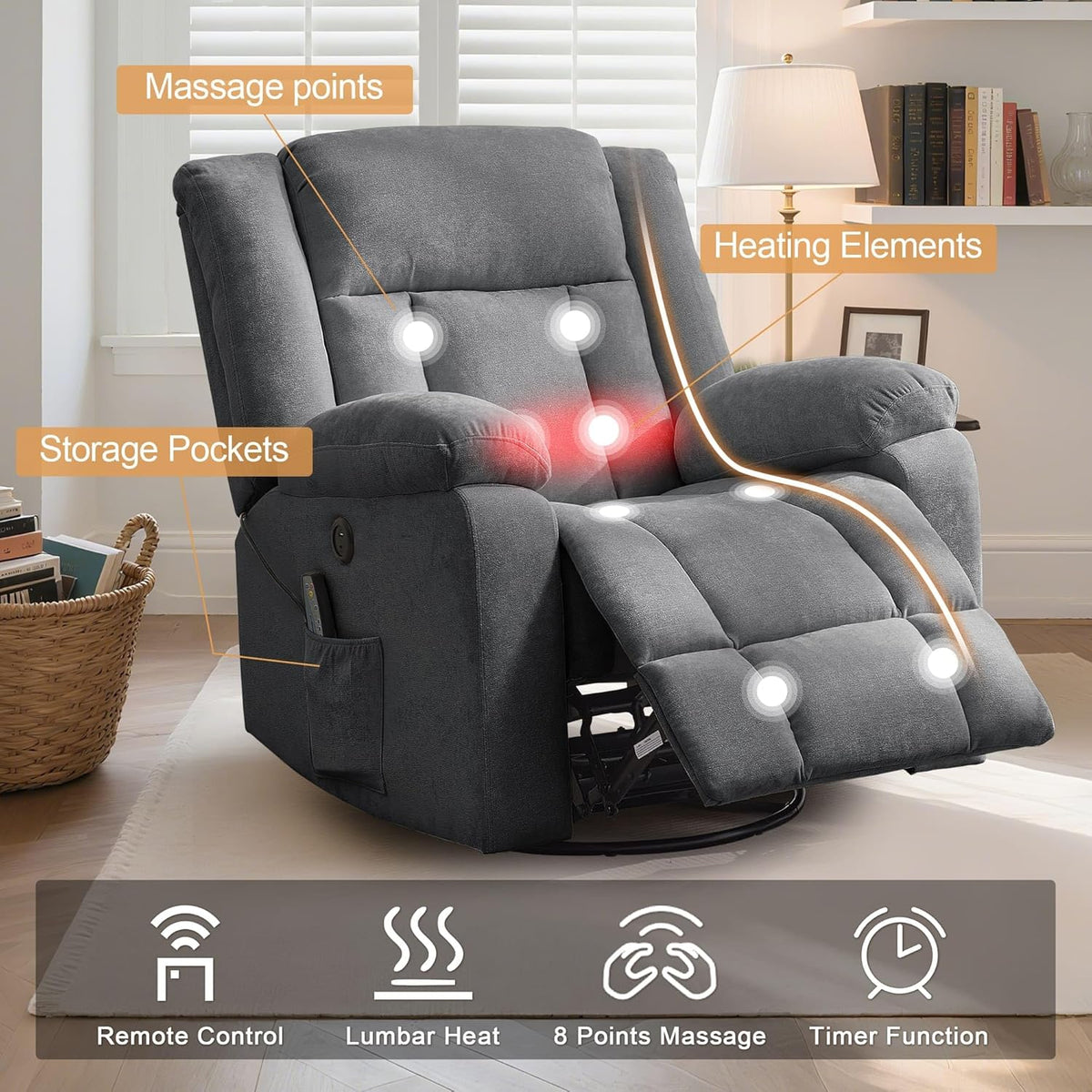 Rocker Recliner, Glider Recliner Chairs for Adults, 360° Swivel Rocking Chair with Massage and Heating, Nursery Chair with Storage and USB Charging for Living Room, Bedroom, Nursery - image 35