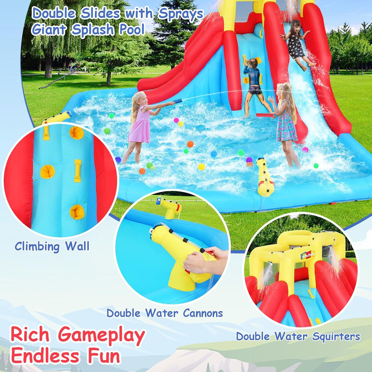 Inflatable Water Slides for Kids 8-in-1 Bounce House Water Park with 450W Blower Climbing Wall, Splash Pool, 2 Water Cannons,