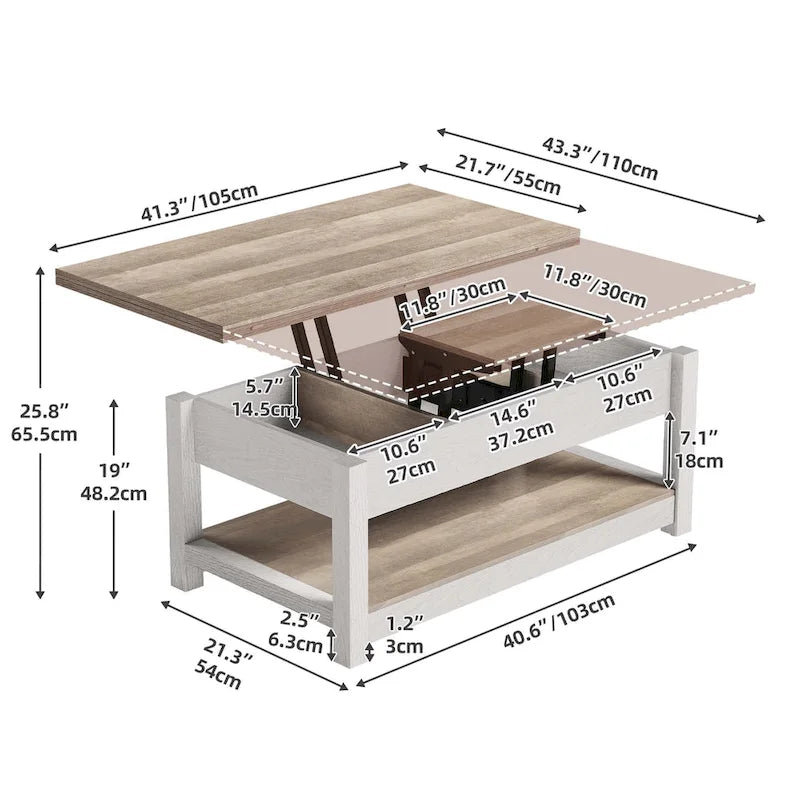 Moasis Farmhouse Lift-Top Coffee Table with Expandable Surface, Hidden Storage, and Shelf for Living Room - image 9