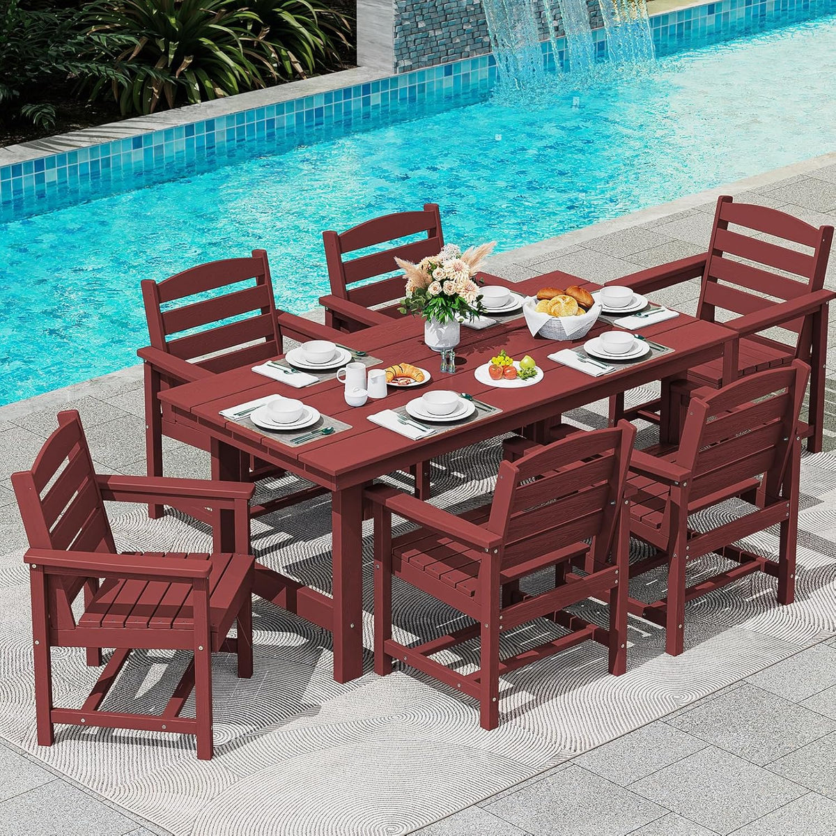 SERWALL 7-Piece Patio Table Set, Outdoor HDPE Dining Furniture with Umbrella Hole, All Weather Table and Chairs for Lawn, Garden, Poolside, Aruba - image 31