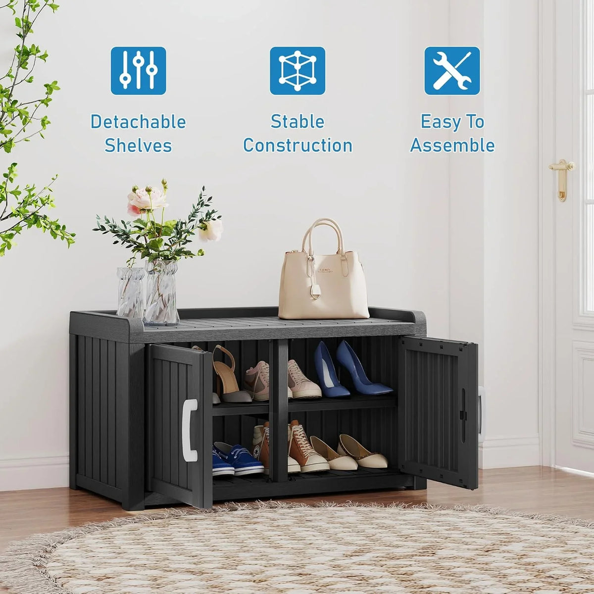KAMABOKO Outdoor Shoe Storage Cabinet, Waterproof UV-Resistant Entryway Storage Bench Indoor Outdoor with 2 Barn Doors, Adjus
