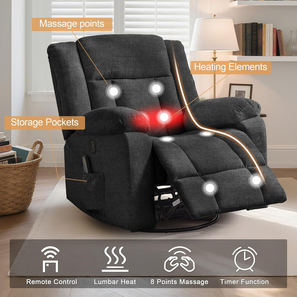 Rocker Recliner, Glider Recliner Chairs for Adults, 360° Swivel Rocking Chair with Massage and Heating, Nursery Chair with Storage and USB Charging for Living Room, Bedroom, Nursery - image 36