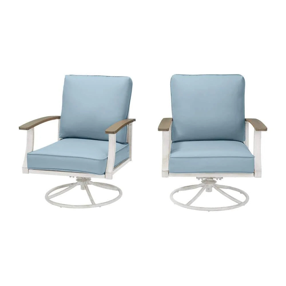 Hampton Bay Marina Point White Steel Outdoor Patio Swivel Lounge Chair with CushionGuard Surf Blue Cushions (2-Pack) GC-41019