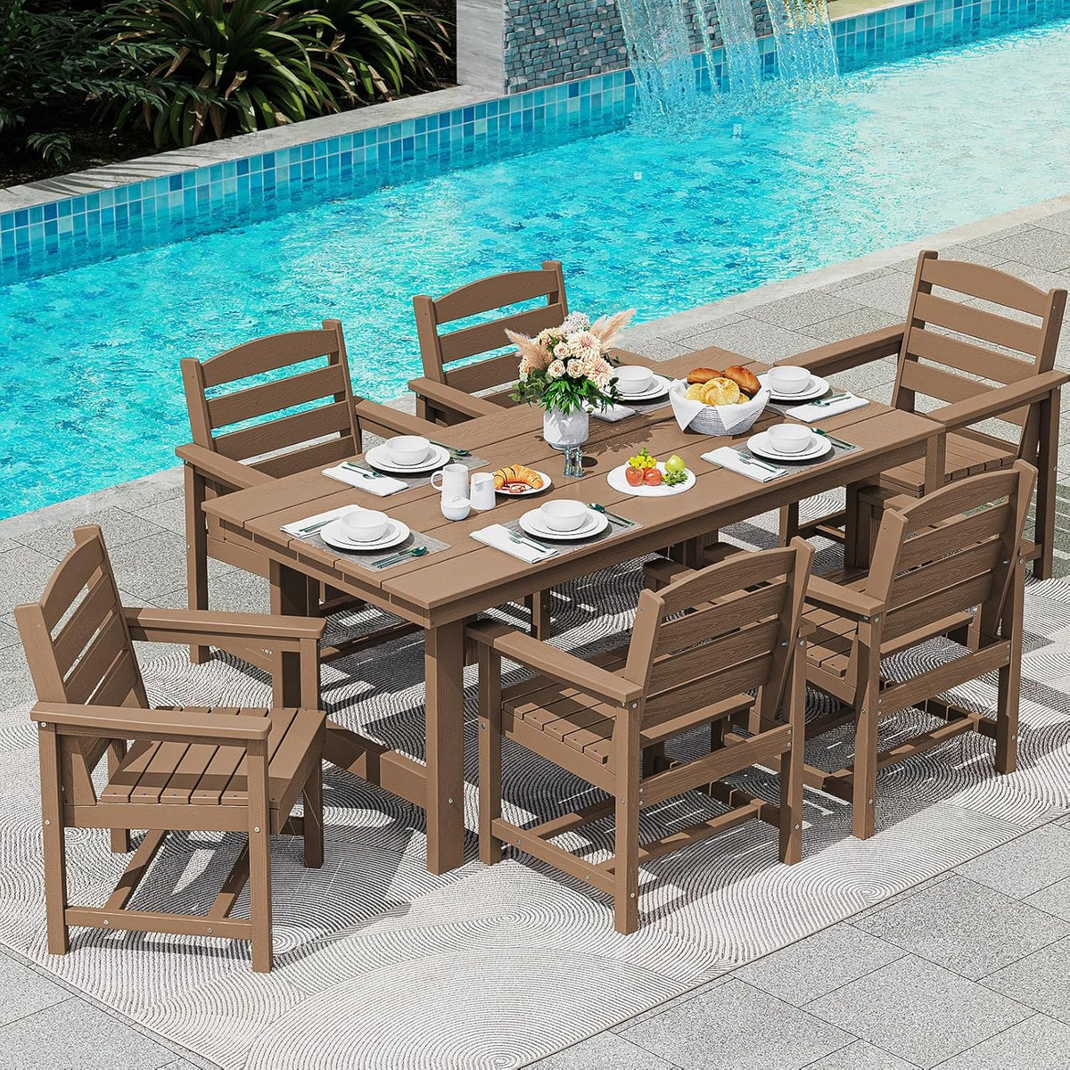 SERWALL 7-Piece Patio Table Set, Outdoor HDPE Dining Furniture with Umbrella Hole, All Weather Table and Chairs for Lawn, Garden, Poolside, Aruba - image 81