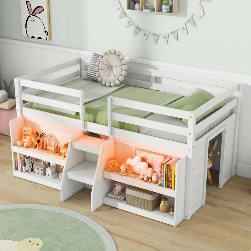 Kids Twin Size Loft Bed with LED Lights, Stairs & Safety Guardrail, Storage Bookcase and Under-bed Play Space - image 11