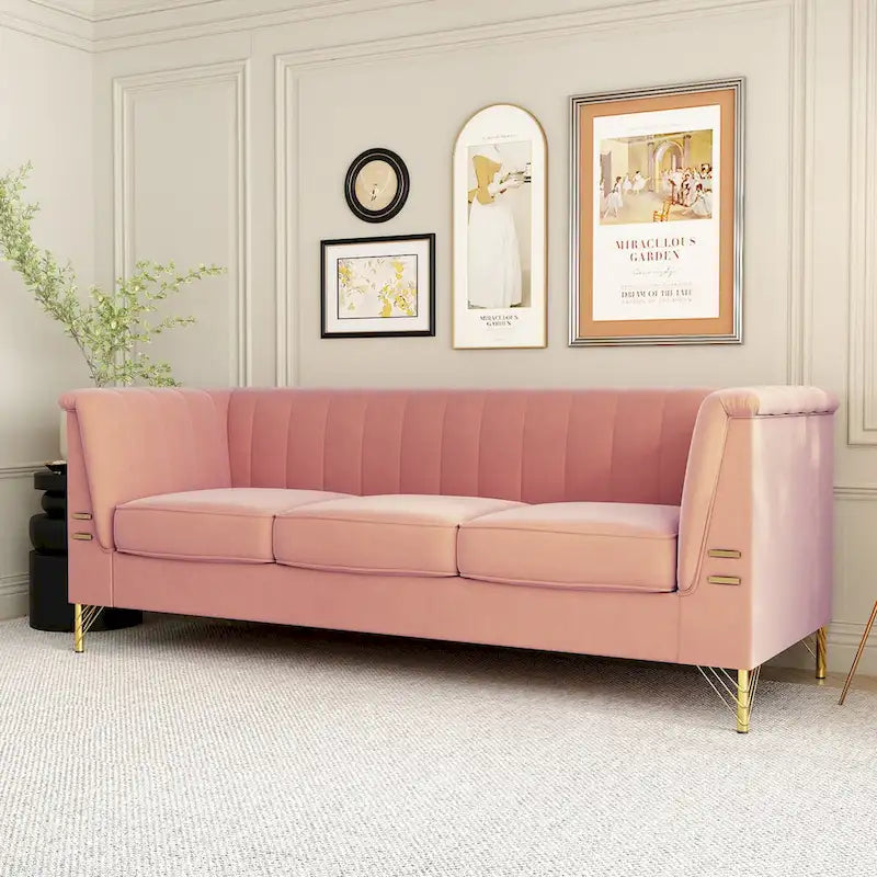 Contemporary Velvet Upholstered 3-Seat Sofa with Golden Metal Legs - Pink Living Room Couch (83.46" x 30.51" x 31.9") - image 5
