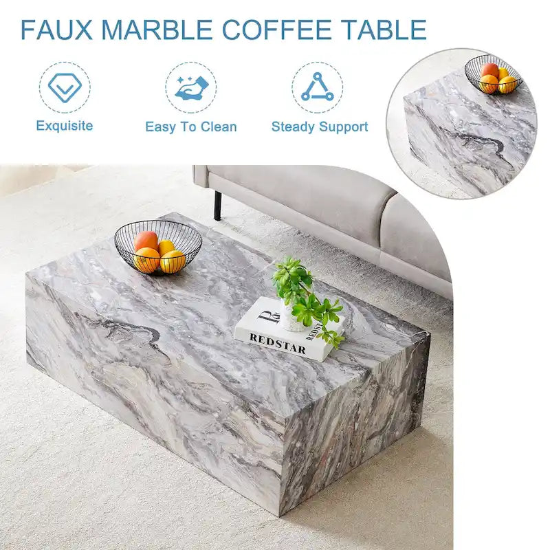 Contemporary Rectangular Coffee Table with Sturdy Base and Imitation Marble Finish for Living Room - image 21
