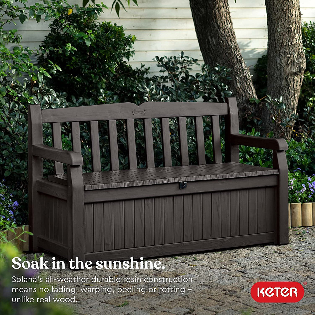 Keter Solana 70 Gallon Storage Bench Deck Box for Patio Furniture, Front Porch Decor and Outdoor Seating – Perfect to Store G