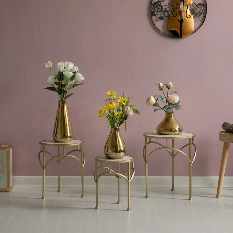 Set of 3 Decorative Gold Metal Round Plant Stands with Modern White Marble Top - Stylish End Side Tables - image 3