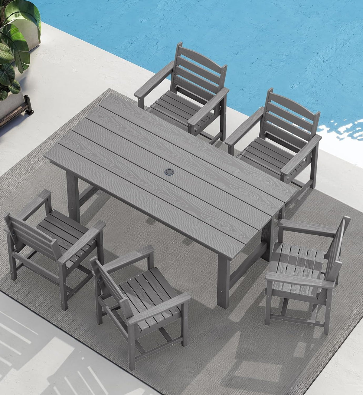 SERWALL 7-Piece Patio Table Set, Outdoor HDPE Dining Furniture with Umbrella Hole, All Weather Table and Chairs for Lawn, Garden, Poolside, Aruba - image 156
